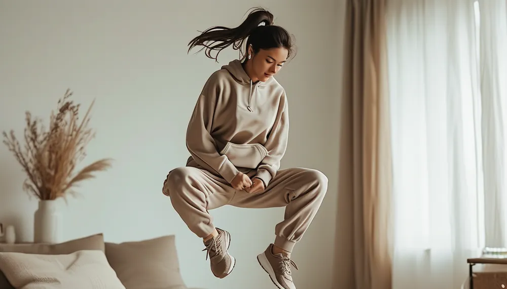 Woman doing a high-intensity jump exercise at home